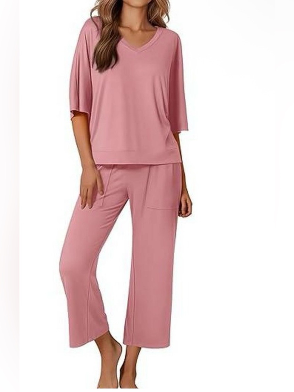 Ekouaer Lounge Set Women’s 2 Piece Pajama Set Old Rose Pink Wide Leg Pants